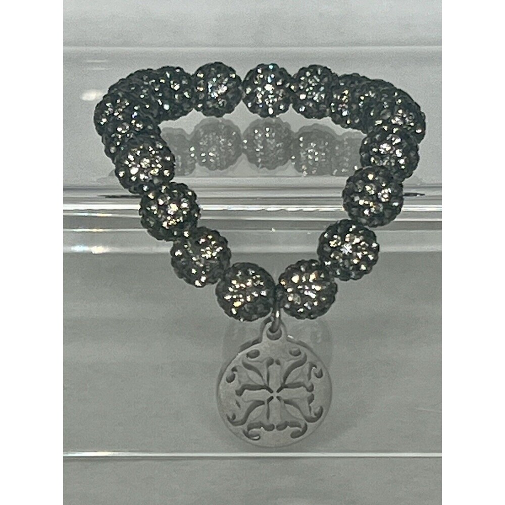 Black Silver Emerson Shambella Beaded Stretch Bracelet Logo Silver Tone Charm